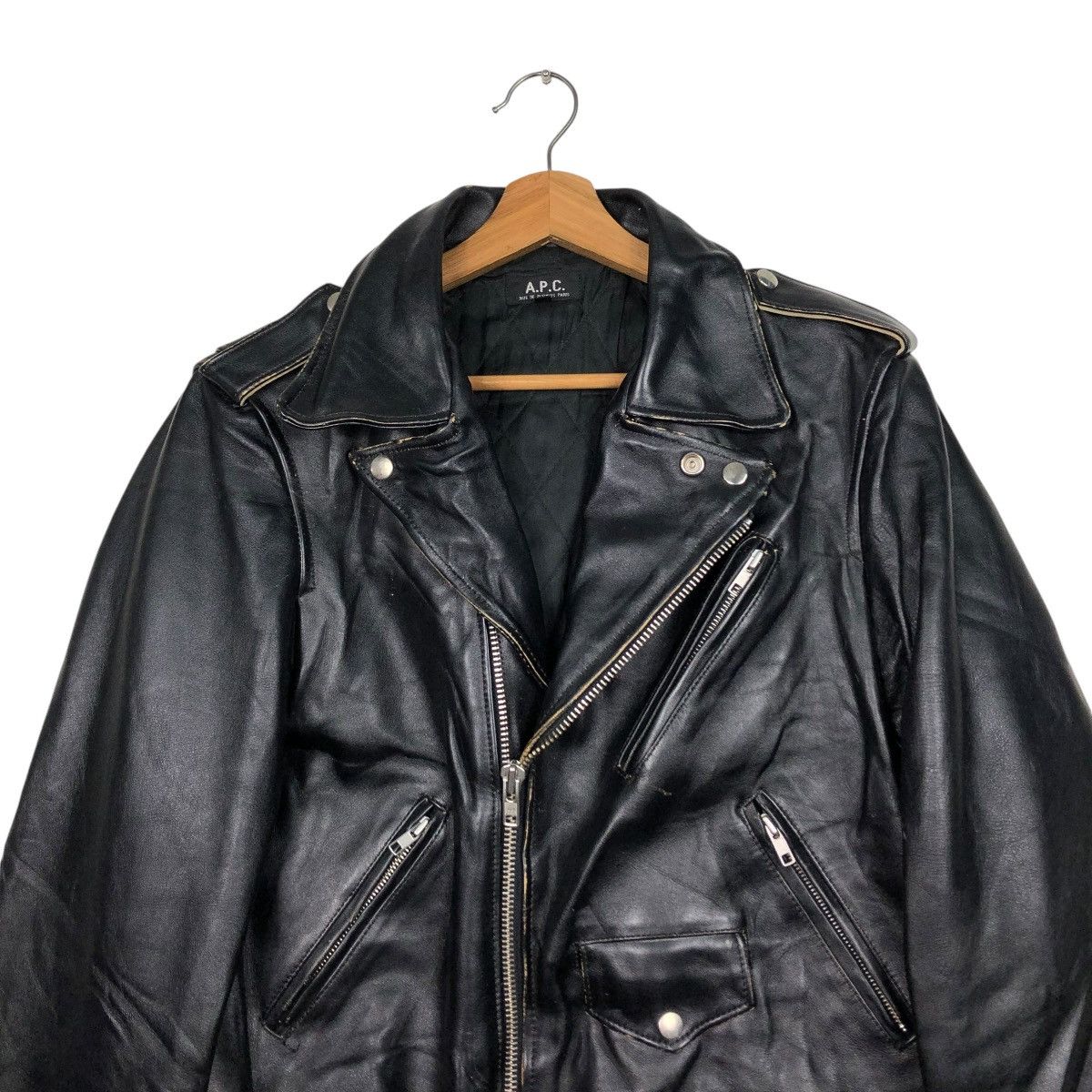 A.P.C. 🔥VINTAGE BIKE LEATHER JACKET APC DOUBLE COLLAR ISSEY MIYAKE Size US M / EU 48-50 / 2 - 3 Thumbnail