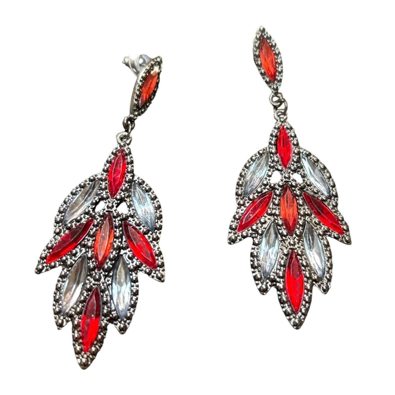 Other Silver & Red Dangle Teardrop Statement Earrings With Rhinest Size ONE SIZE - 1 Thumbnail