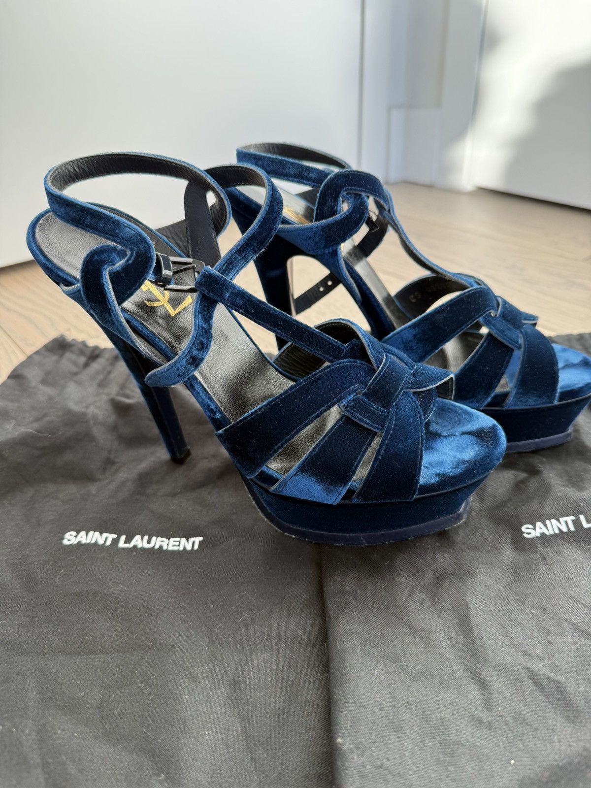 Saint Laurent Paris Saint Laurent Tribute Velvet Navy Blue Platform Size US 7 / IT 37 - 3 Thumbnail