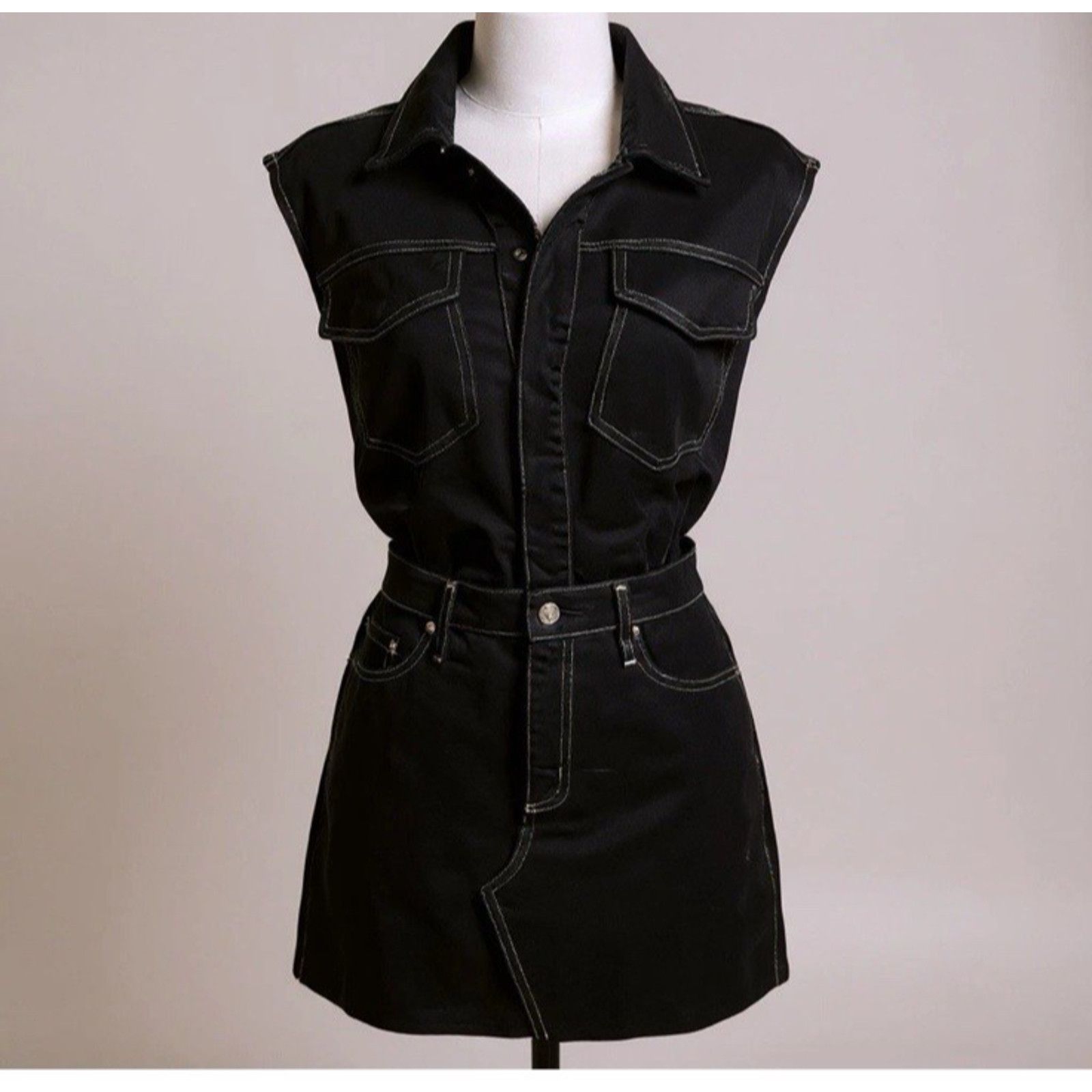 Pistola Pistola Julia Black Denim Sleeveless Mini Utility Raw Hem Size XL / US 12-14 / IT 48-50 - 2 Thumbnail