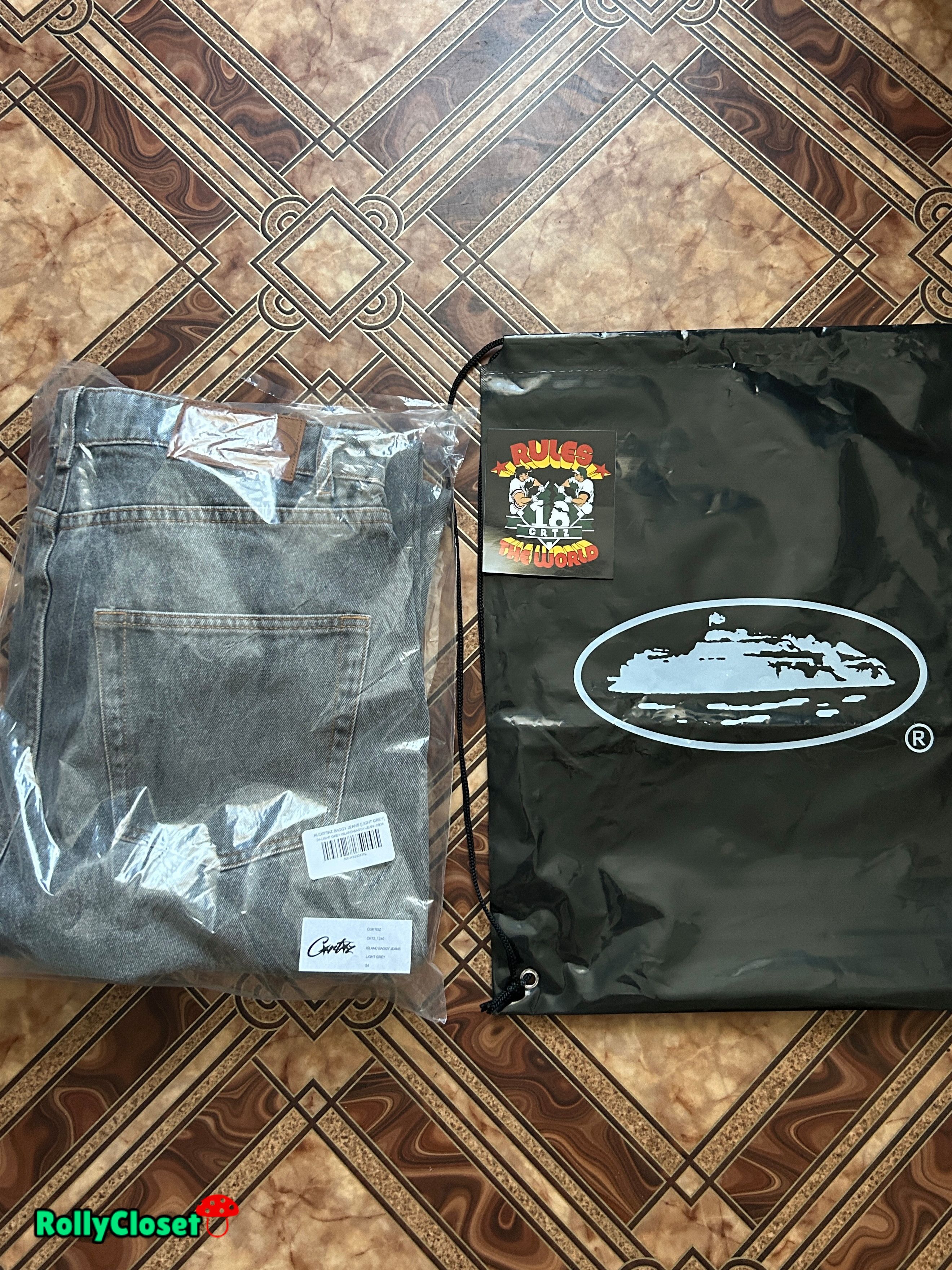 Corteiz CORTEIZ CRTZ GREY ALCATRAZ ISLAND LOGO BAGGY DENIM JEANS 