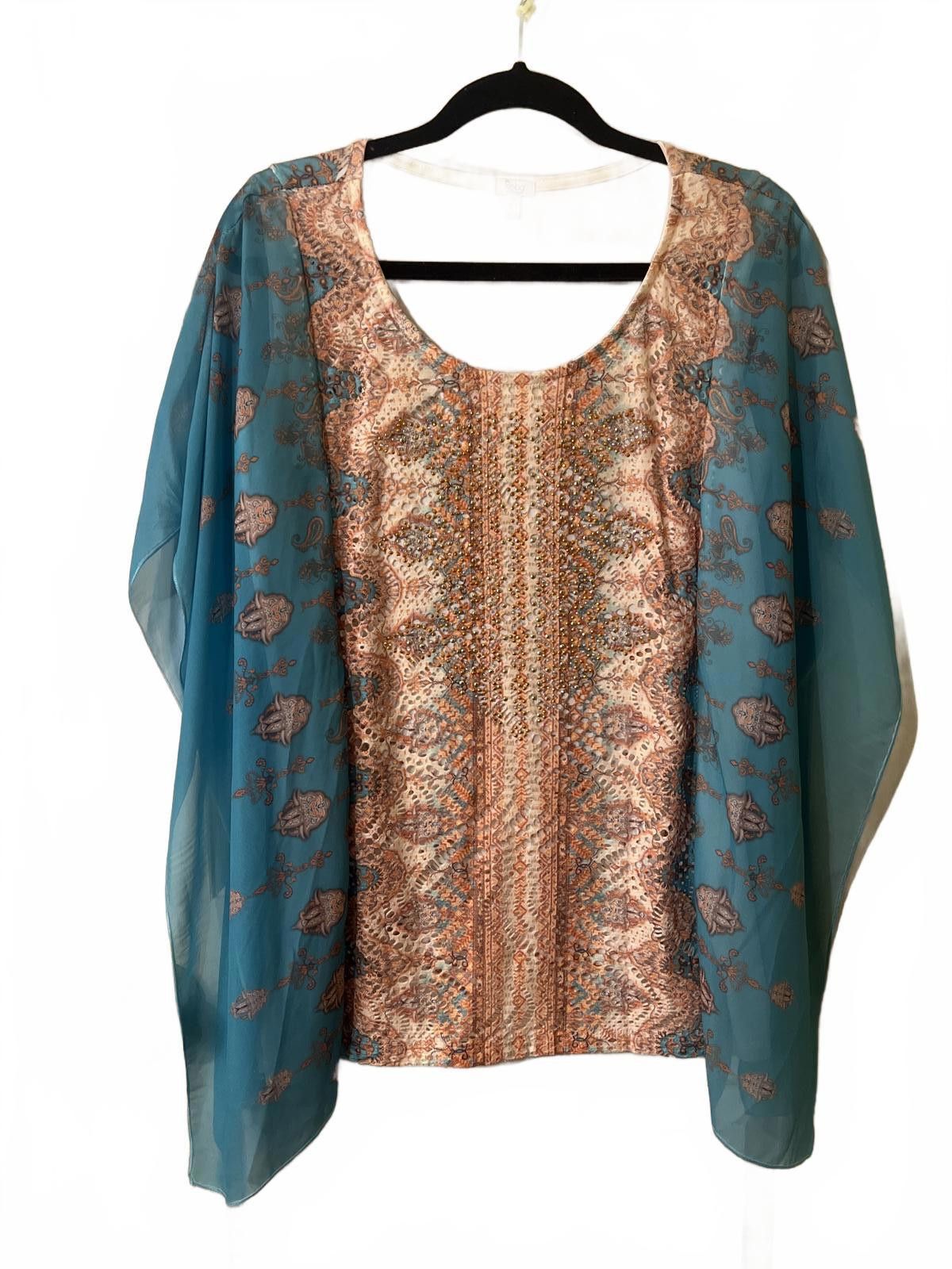 Realtree Embellished Sheer Blue and Peach Women's Blouse Size XL / US 12-14 / IT 48-50 - 2 Thumbnail