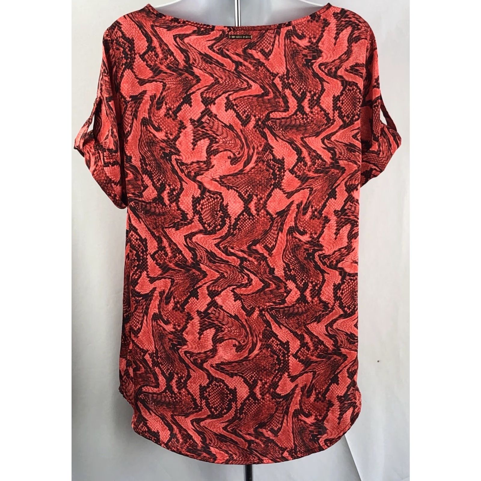 Michael Kors Michael Kors Satin Top Blouse M Orange Snake Print Roll Tab Short Sleeve Career Size M / US 6-8 / IT 42-44 - 3 Thumbnail