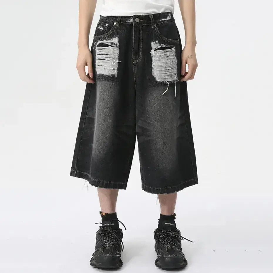 Japanese Brand Baggy Denim Ripped Whiskers Thread Jorts Hole Shorts Size US 32 / EU 48 - 1 Thumbnail
