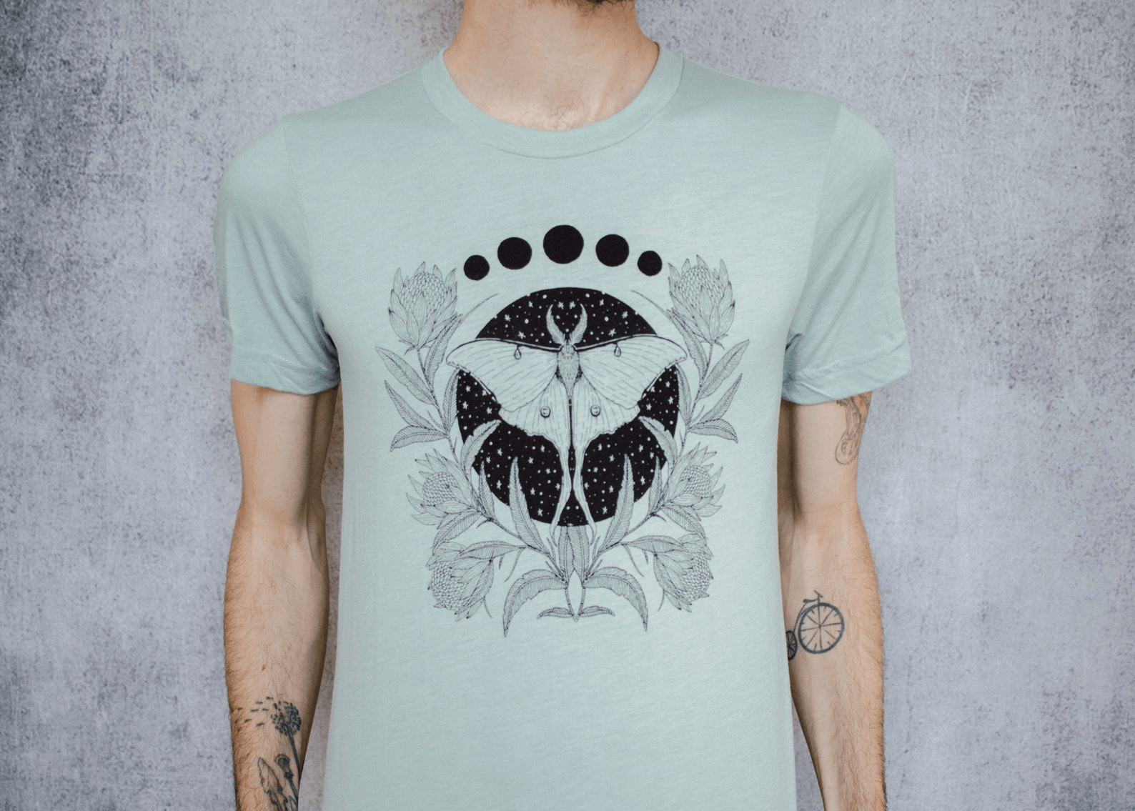 Designer × Vintage Luna Moth and Protea Flower Seafoam Unisex T-Shirt Size US M / EU 48-50 / 2 - 1 Thumbnail