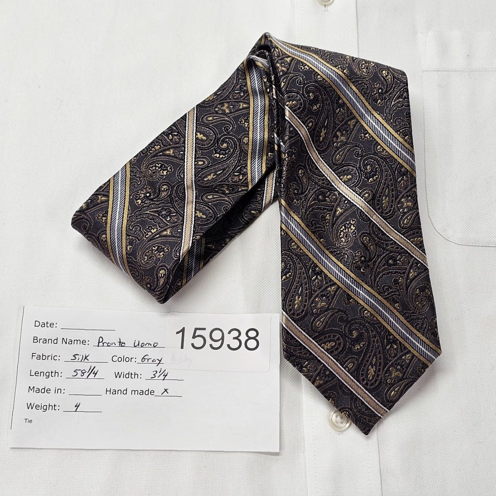 Pronto Uomo VTG Pronto Uomo Necktie Mens Gray Silver Paisley 100% Silk Tie 58 1/4 X 3 1/4" Classic Wedding Preppy Retro 60s 70s Mens Size ONE SIZE - 7 Thumbnail