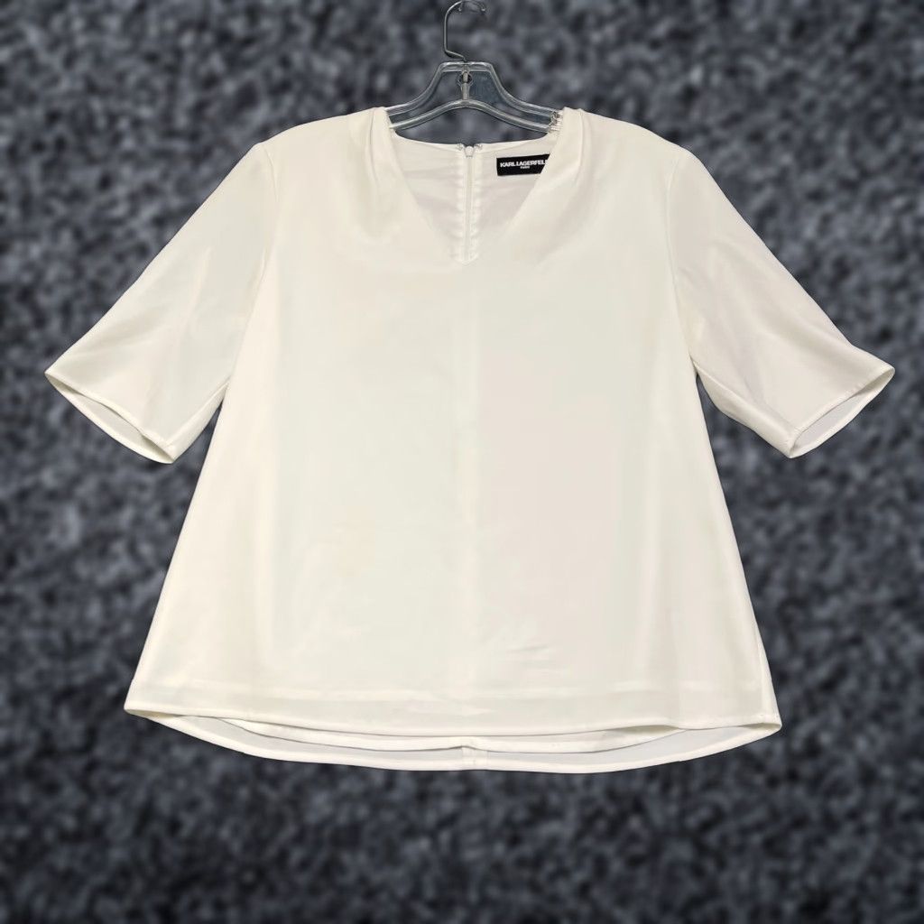 Karl Lagerfeld Karl Lagerfeld Paris Blouse Womens S/M White Stretch V-Neck 3/4 Sleeve Back Zip Size S / US 4 / IT 40 - 1 Thumbnail