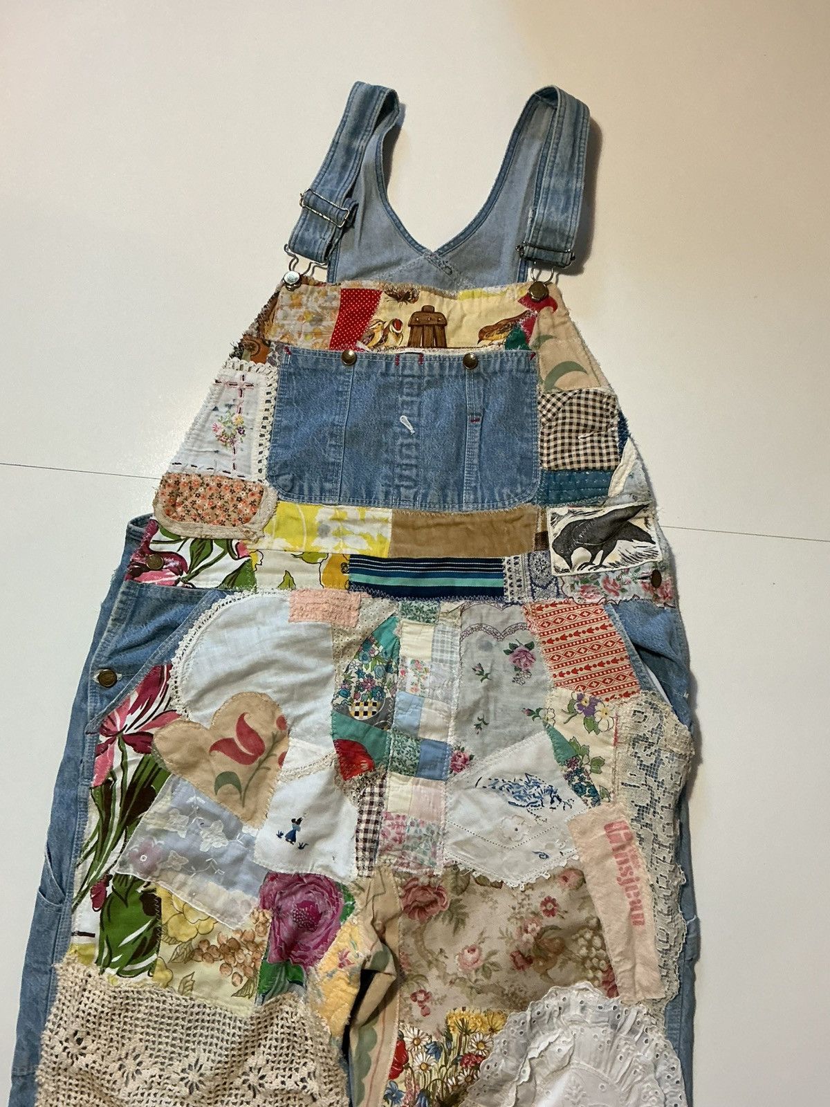 Vintage VTG Peace & Love Patchwork Assemblage Denim Jean Overalls Size US 40 / EU 56 - 3 Thumbnail