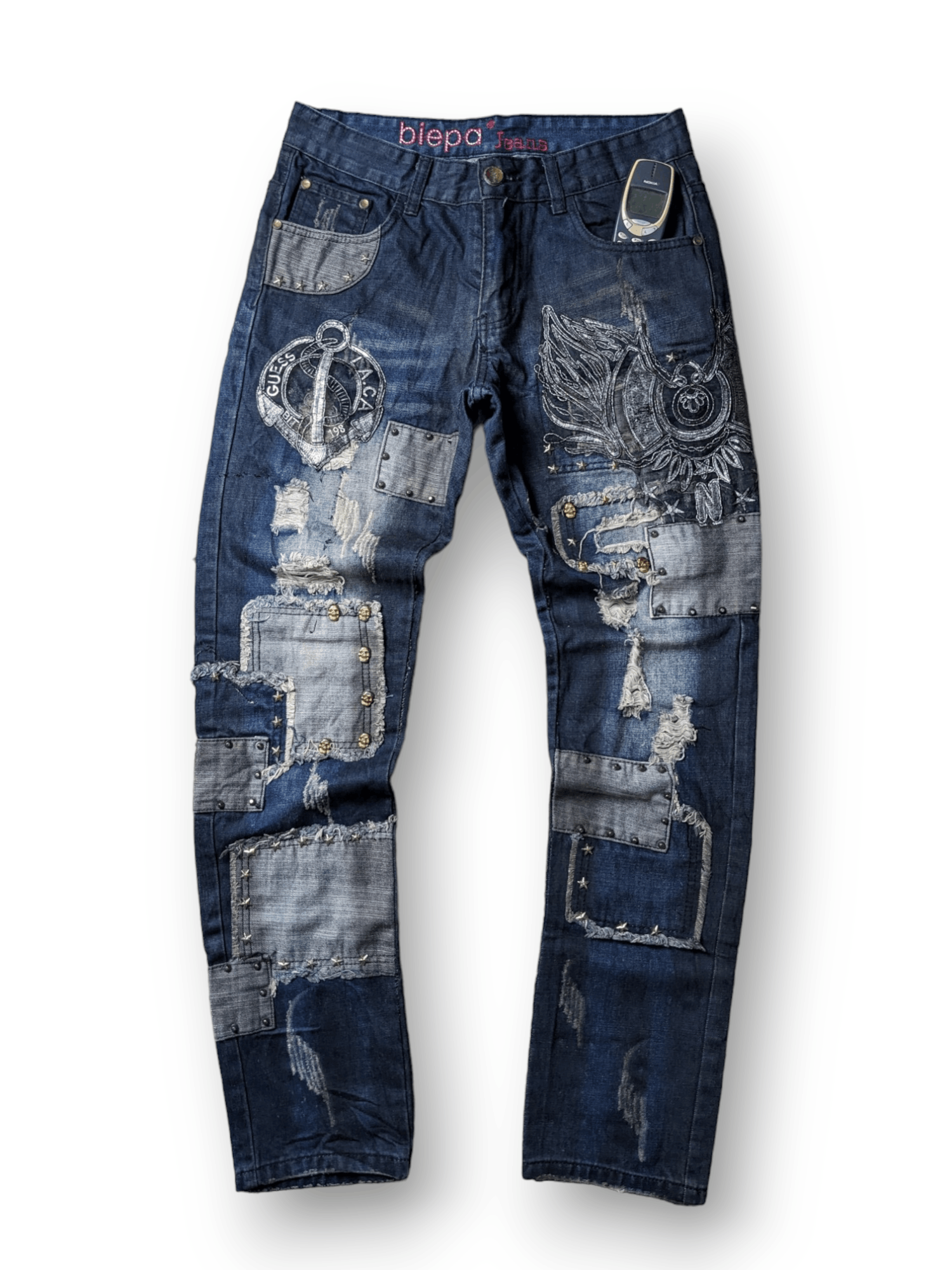 image of Distressed Denim x Hysteric Glamour Saditionaries Patchwork Studded Punk Style Pants in Blue Denim 