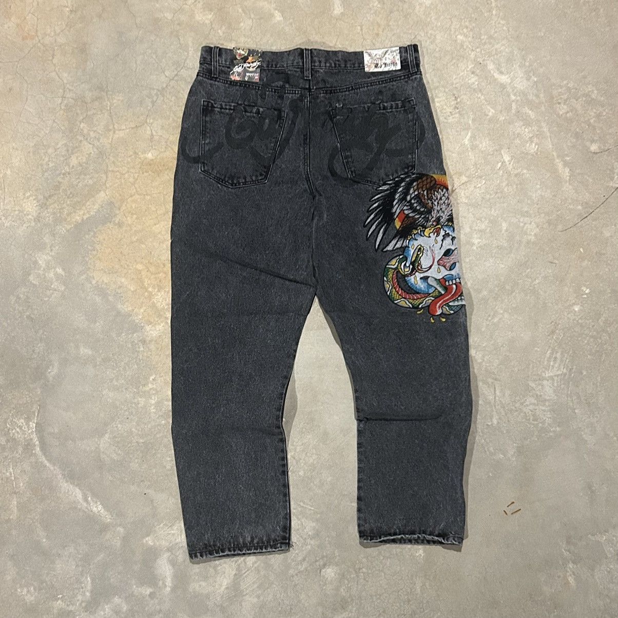 Ed Hardy × Vintage Crazy Vintage Y2K Ed Hardy Script Embroidered Baggy Jeans Size US 36 / EU 52 - 1 Thumbnail