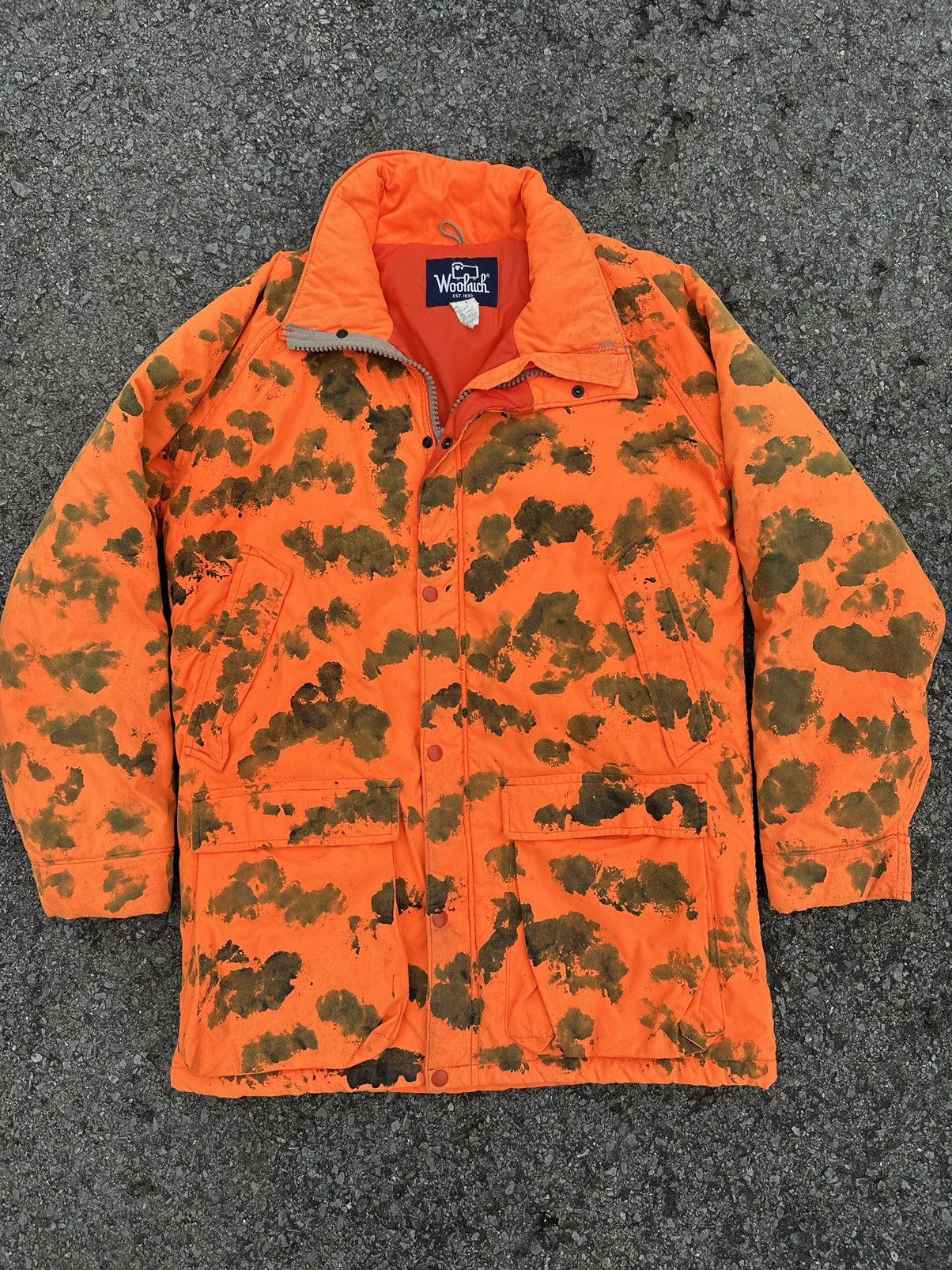 Vintage Woolrich Mens Blaze Orange Camo Coat Jacket Size L Hunting