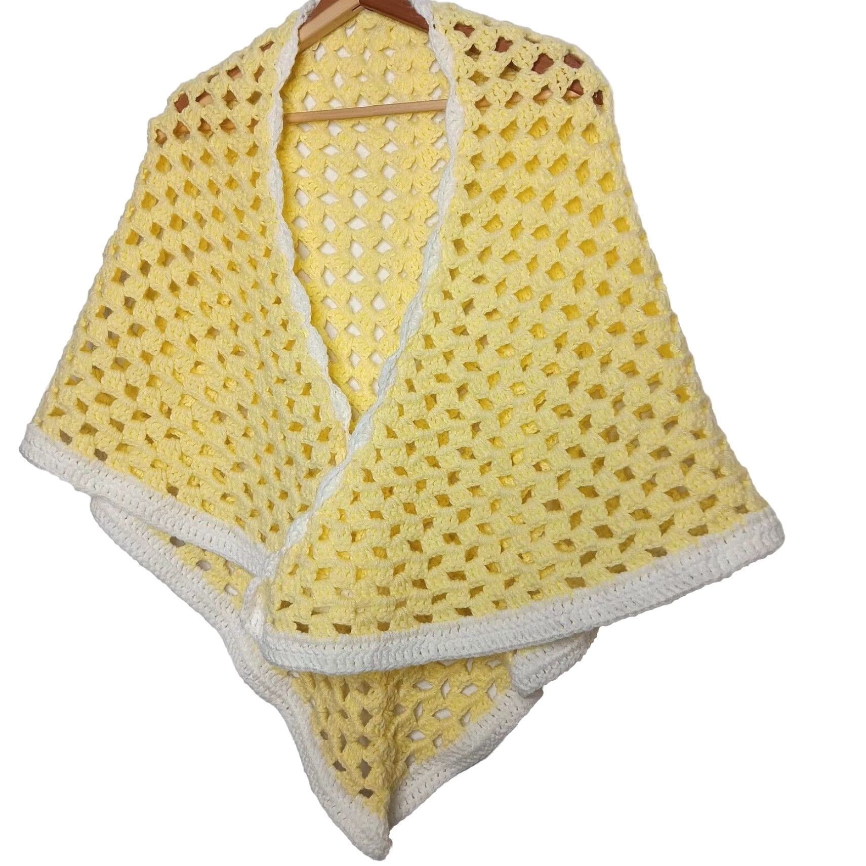 Vintage VINTAGE Shawl Wrap Women Teen Small Yellow Crochet Handmade Cottagecore Granny 35" x 59" Scalloped Edge Winter Spring Fall Easter Handmade USA Size ONE SIZE - 2 Thumbnail