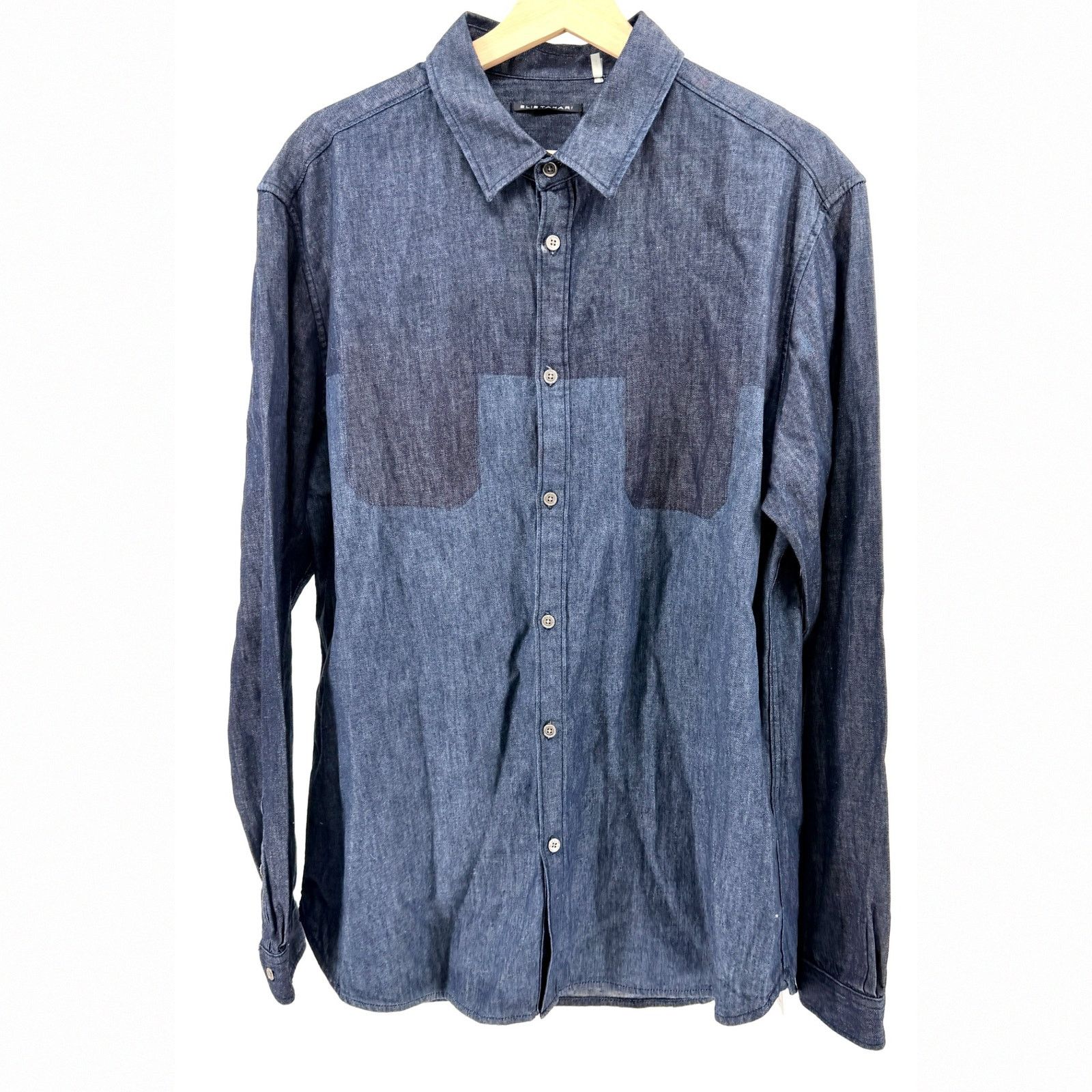 Elie Tahari Blue Cotton Linen Chambray Colorblock Patchwork Shirt Size US L / EU 52-54 / 3 - 1 Thumbnail