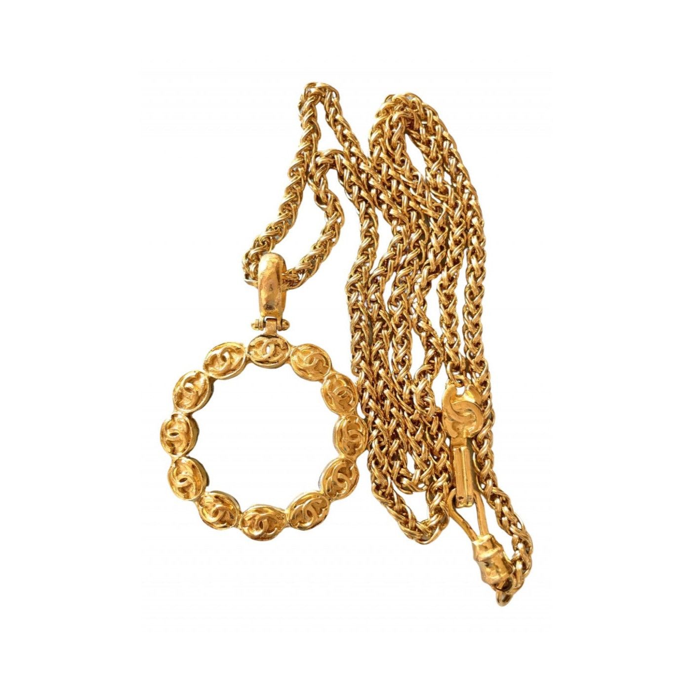 image of Vintage Chanel Long Chain Necklace With Round Glass Loupe in Gold, Women's