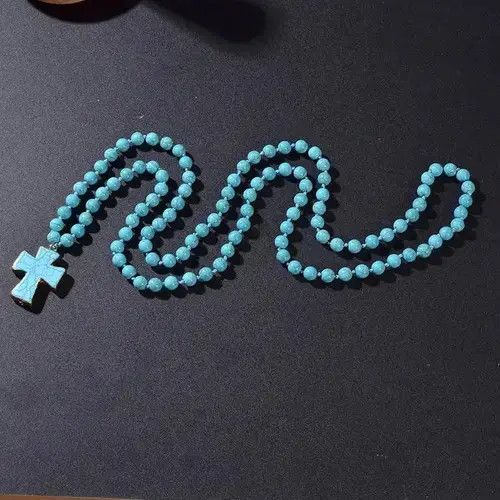 Other × Vintage Blue Turquoise Beads Knotted 108 Mala Necklace Cross Pendant Size ONE SIZE - 2 Thumbnail