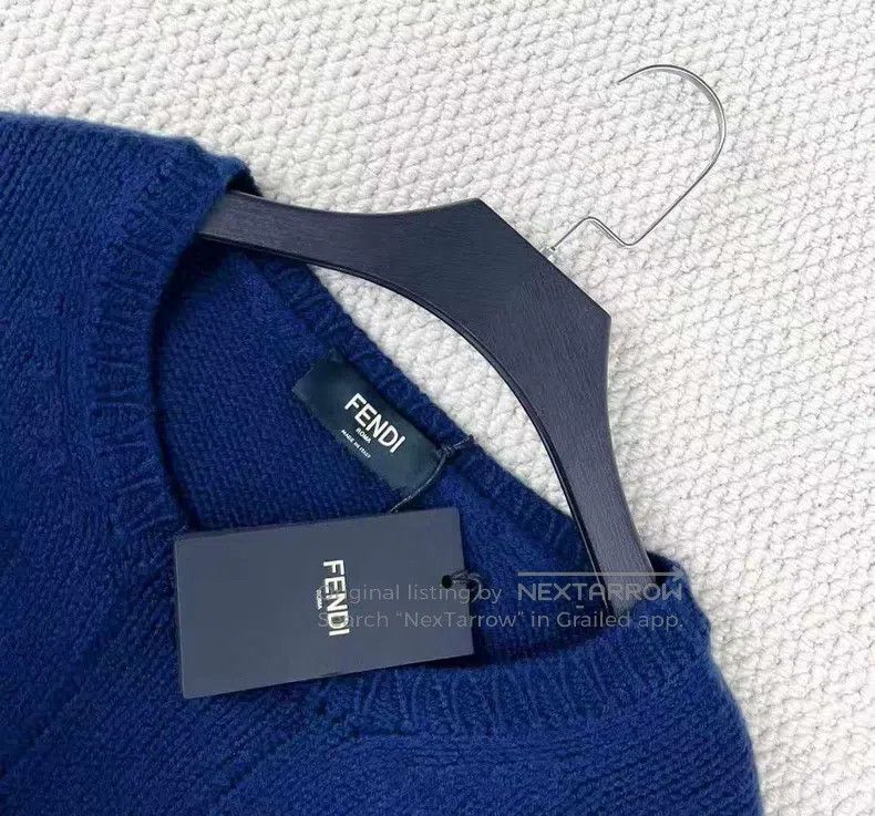 Fendi Fendi Navy Blue Hem Letter Logo Embellished Wool Knit Swea Size US L / EU 52-54 / 3 - 3 Thumbnail