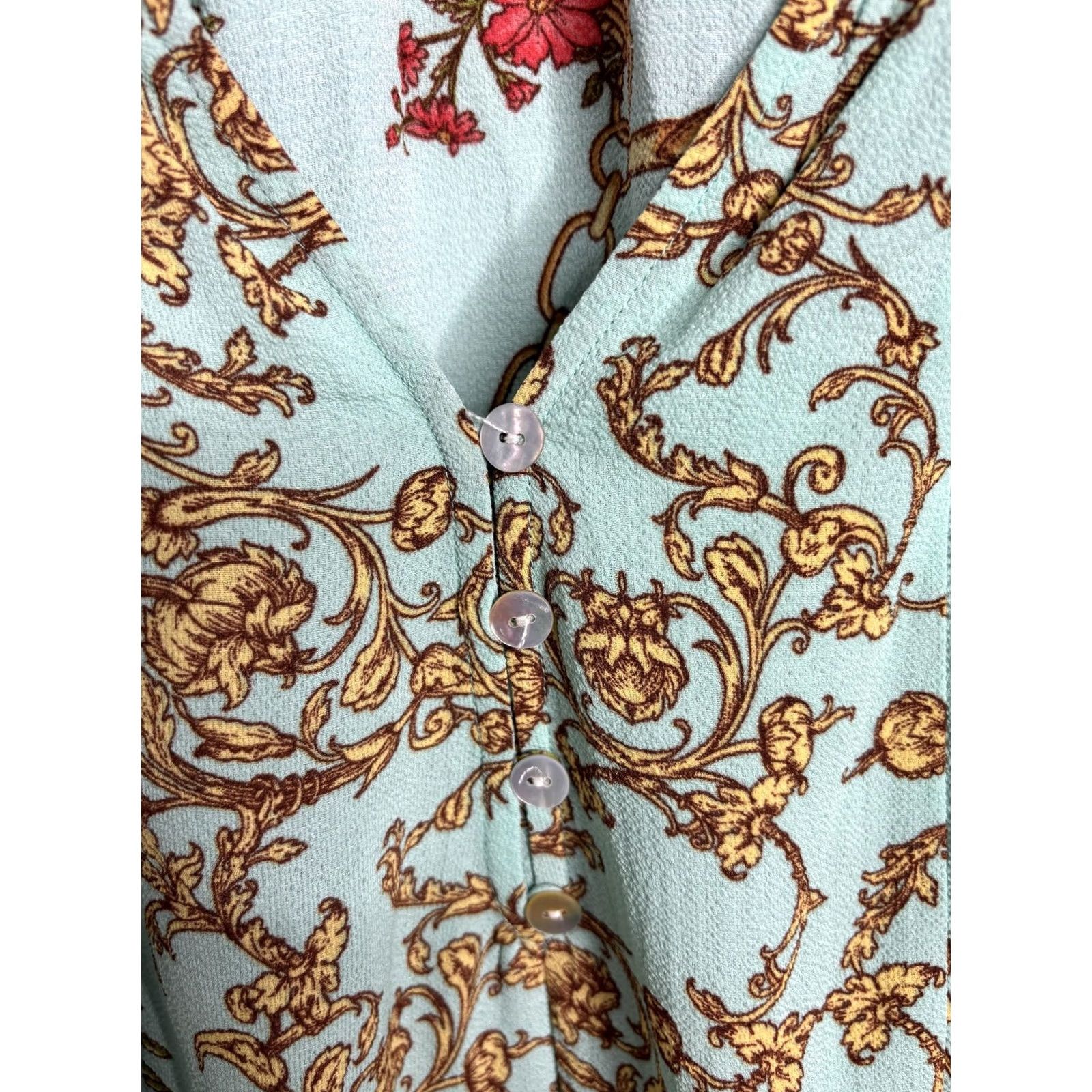 Vintage Fig and Flower Blouse Womens Medium Blue Floral Chain Print Button Up Boho Top Size M / US 6-8 / IT 42-44 - 4 Thumbnail