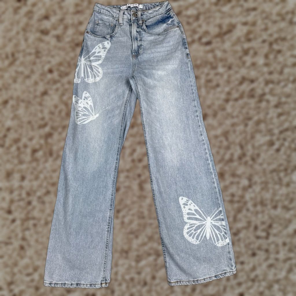 Vintage Tinseltown Jeans Juniors 1 Blue Denim Wide Leg 90s Look Butterfly High Rise 23x30 Women Jeans Mens Womens Size 25" / US 0 / IT 36 - 1 Thumbnail