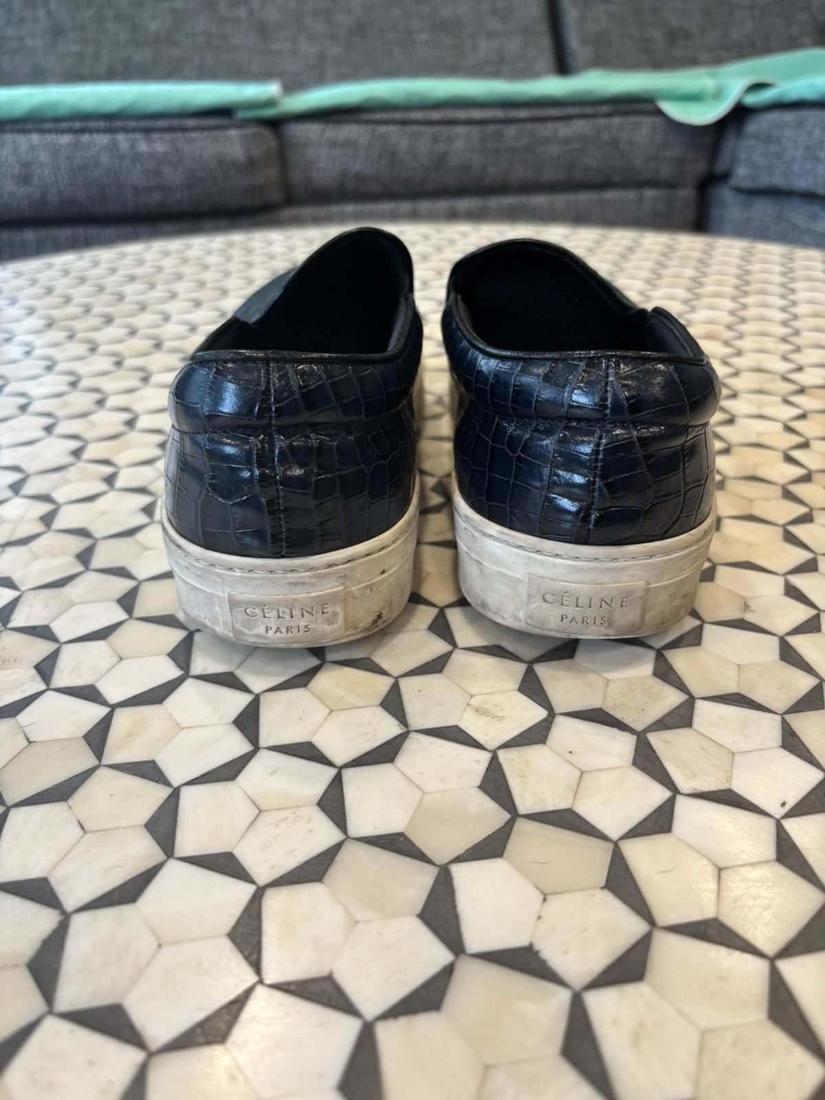 CELINE Navy Crocodile Embossed Leather Slip On