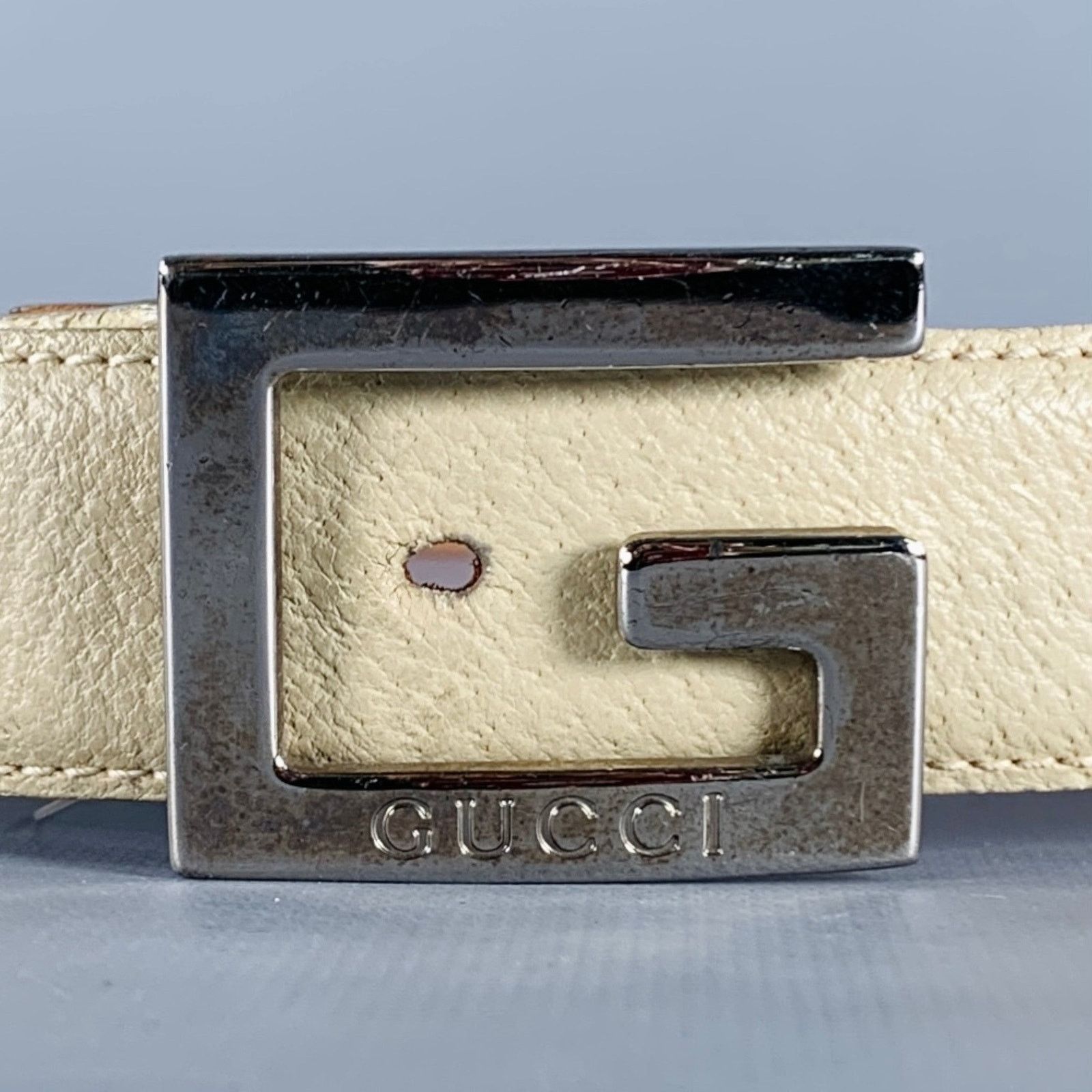 Gucci GUCCI Size 36 Beige Silver Leather Belt Size 36 - 2 Thumbnail
