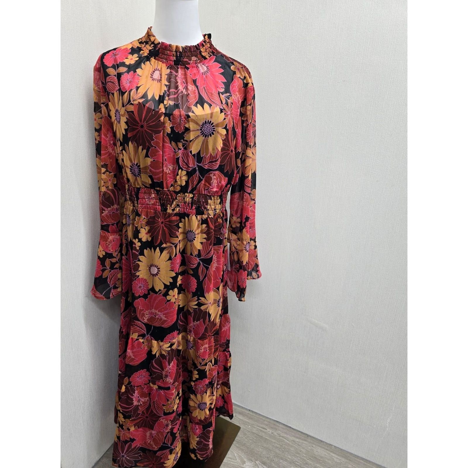 Bell BHOC Size 10 Floral Midi Chiffon Long Sleeve Bell Dress Blk Coral Size L / US 10 / IT 46 - 2 Thumbnail