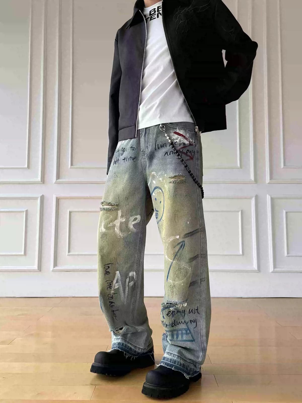Graffiti-Print Ripped Wide Leg Baggy Jeans