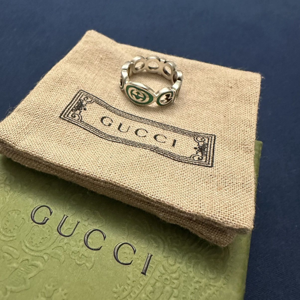 Gucci Gucci Interlocking G Sterling Silver Green Enamel Ring Size ONE SIZE - 8 Thumbnail
