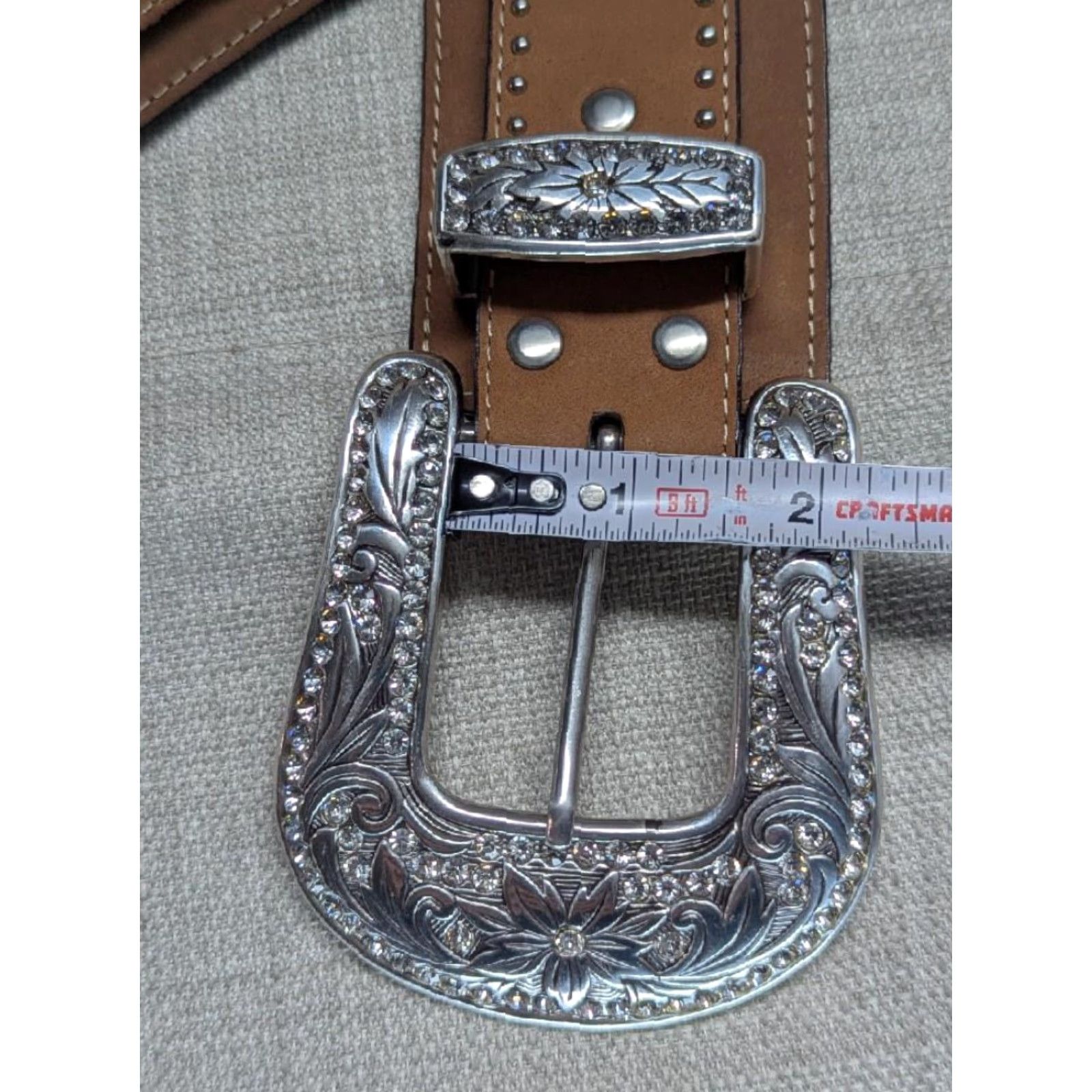 Vintage VINTAGE Nocona belt western belt 34 rhinestone studded leather brown 2.5" buckle Men Boys Mens Size 34 - 5 Thumbnail