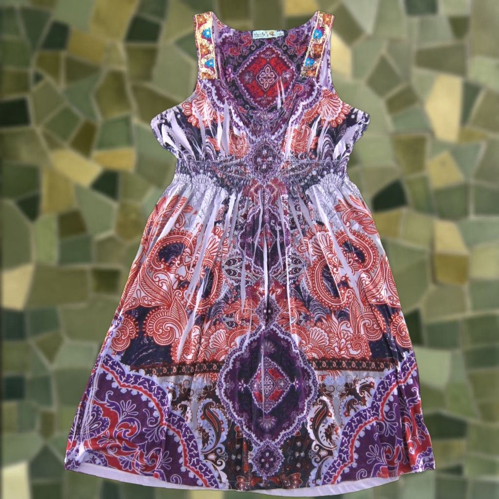 Vintage Unity World Wear Dress Large Tank Sun Purple Floral Stretch Y2K Paisley Sun Dress Large Size L / US 10 / IT 46 - 1 Thumbnail