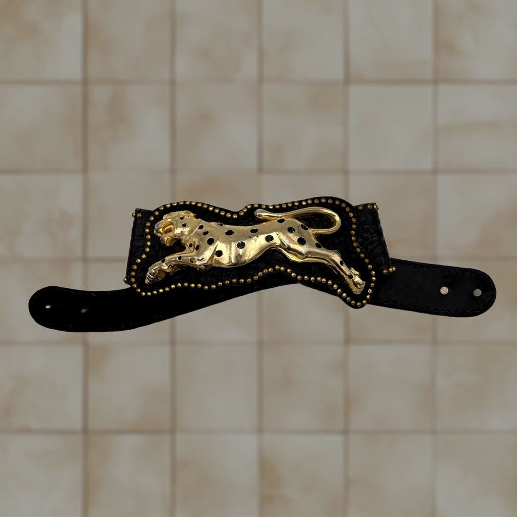 Vintage VINTAGE Leather Belt Black Leopard Buckle Studded Embossed 30" Size ONE SIZE - 1 Thumbnail