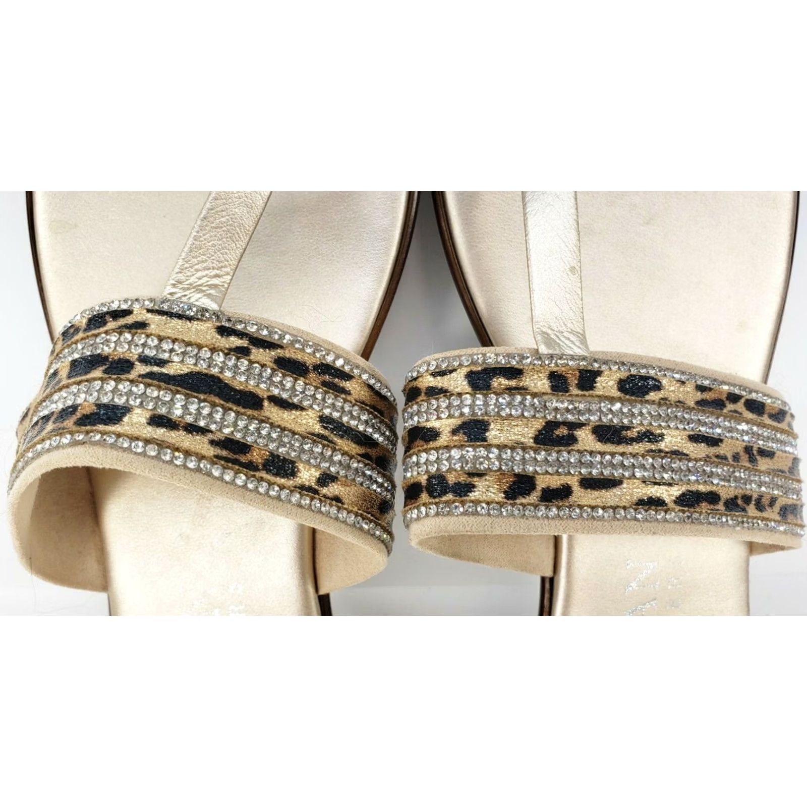 Vintage Italian Shoemakers Sandal Women's 8.5 Gold Toe Post Sandal Crossover Rhinestone Jaguar Pattern White Gold? Size US 9 / IT 39 - 7 Thumbnail