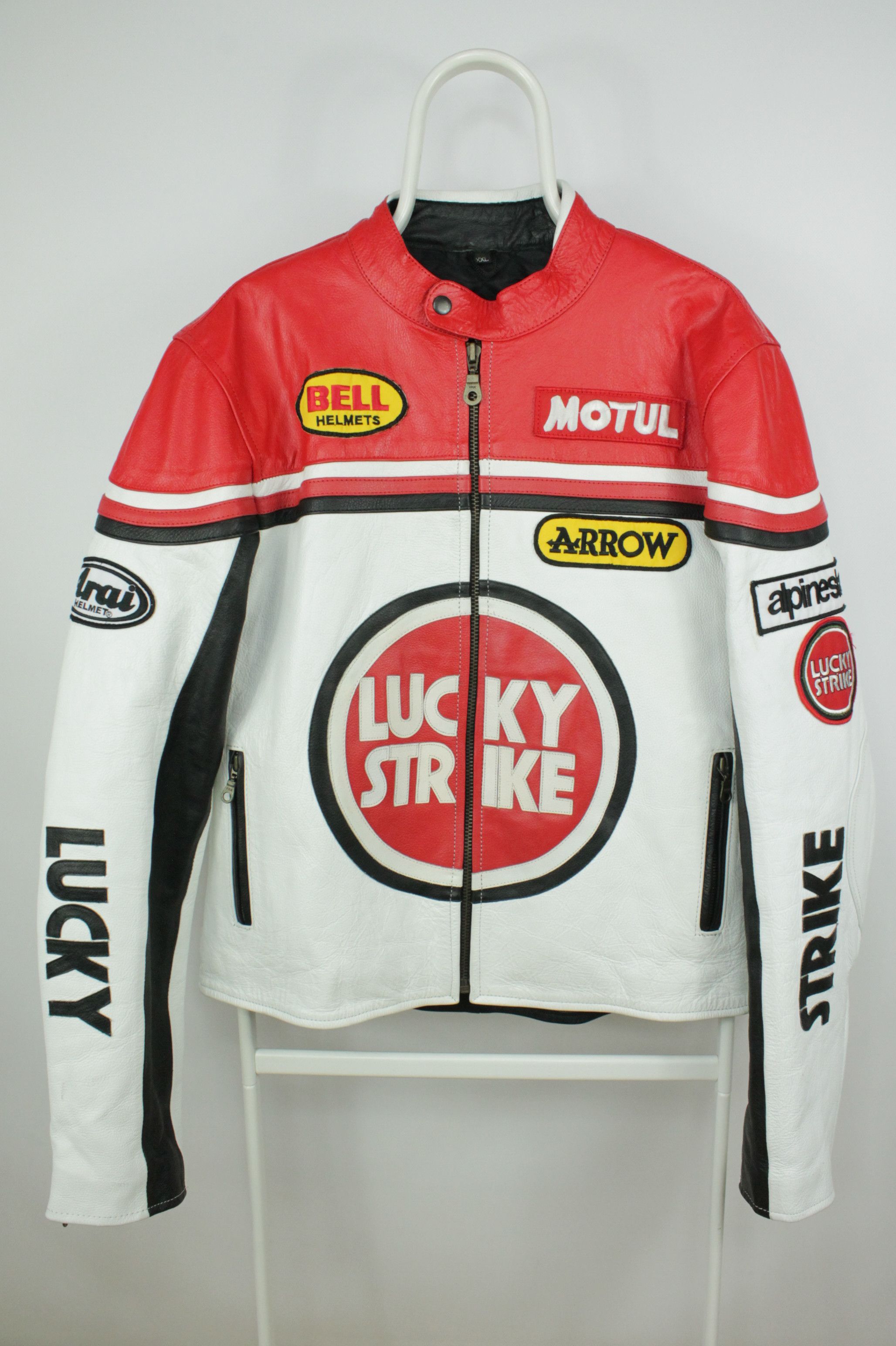 Vintage Lucky Strike Racing White Red Leather Jacket