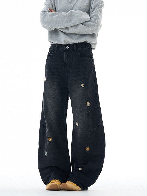 Japanese Brand Men's American cartoon bear embroidered jeans vintage wash Size US 32 / EU 48 - 3 Thumbnail