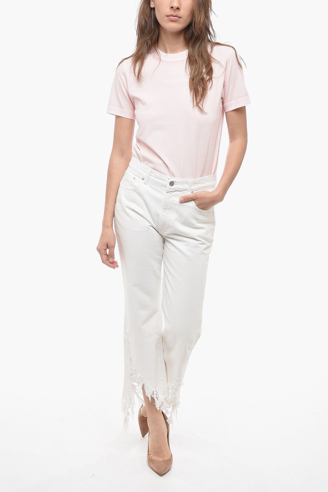 Stella McCartney og1mm0824 Cropped Fit Denims With Distressed Bottom in White Size 26" / US 2 / IT 38 - 4 Thumbnail