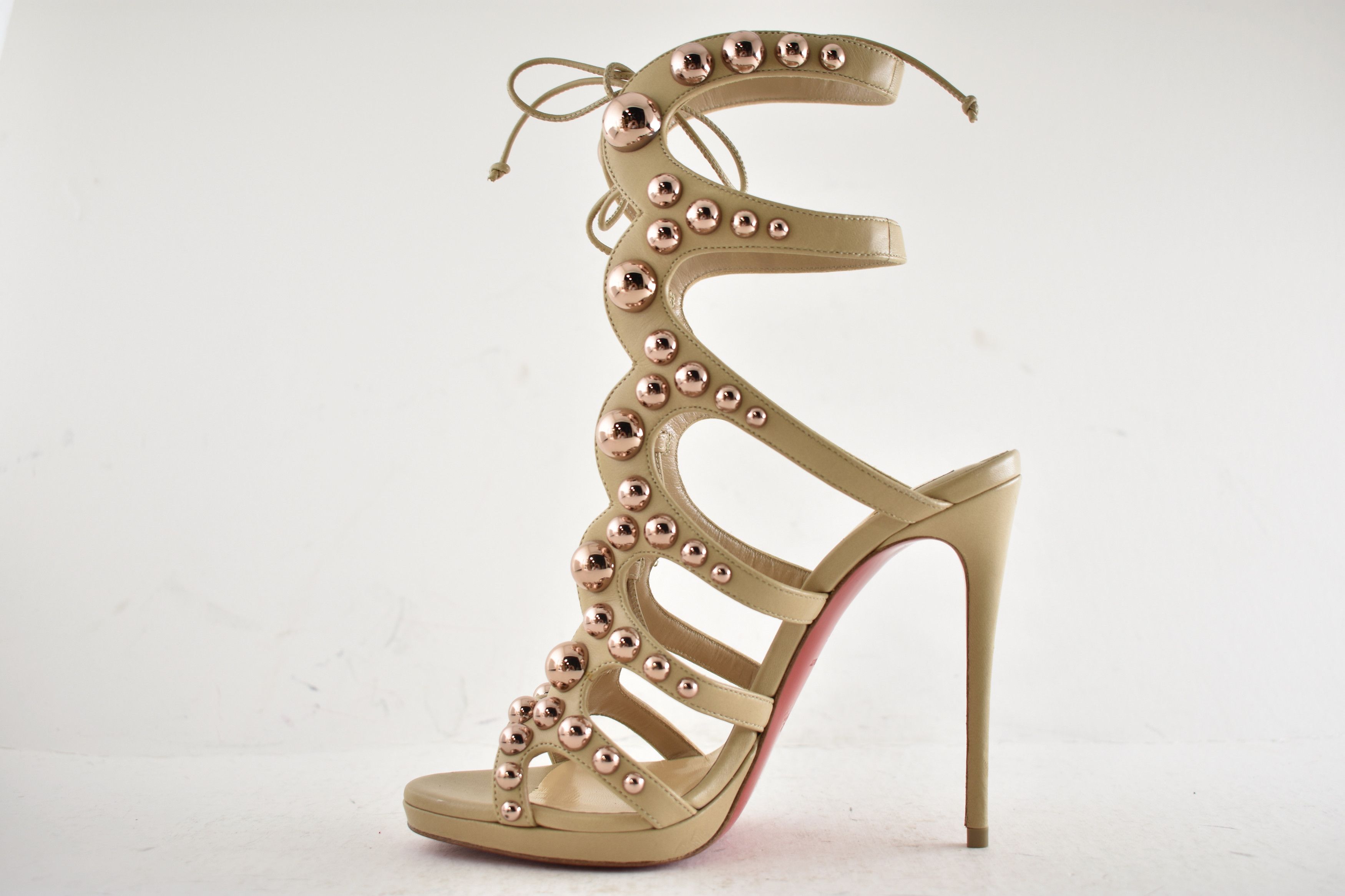 Christian Louboutin Amazoubille 120 Nude Beige Lace Up Tie Sandal Heel Pump 35 Size US 5 / IT 35 - 12 Thumbnail