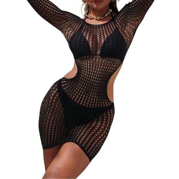 Other Women Black Thin Hollow Out Sheer Dress Size ONE SIZE - 4 Thumbnail