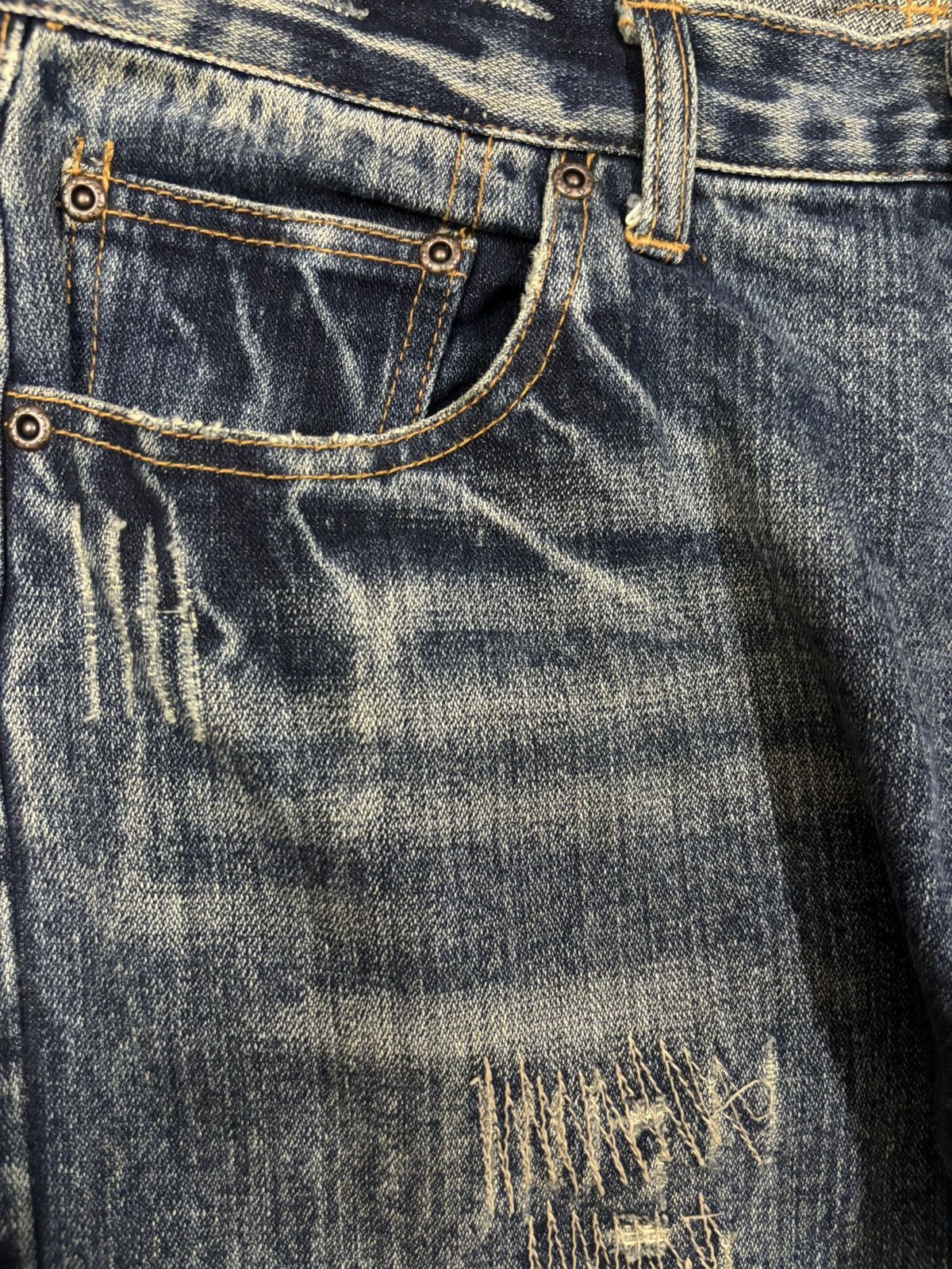 Kapital Vintage Nylaus Mud Wash Clawmark Distressed Zig Zag Jeans Size US 33 - 4 Thumbnail