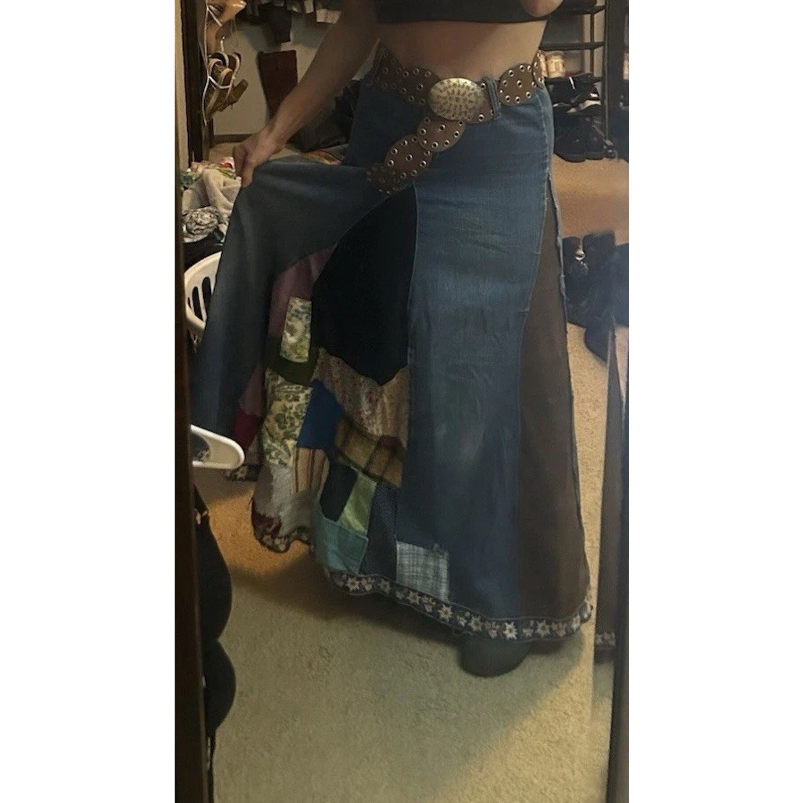 Other Vintage Homemade Denim Leather Velvet Quilted Sewn Skirt Size 26" / US 2 / IT 38 - 2 Thumbnail
