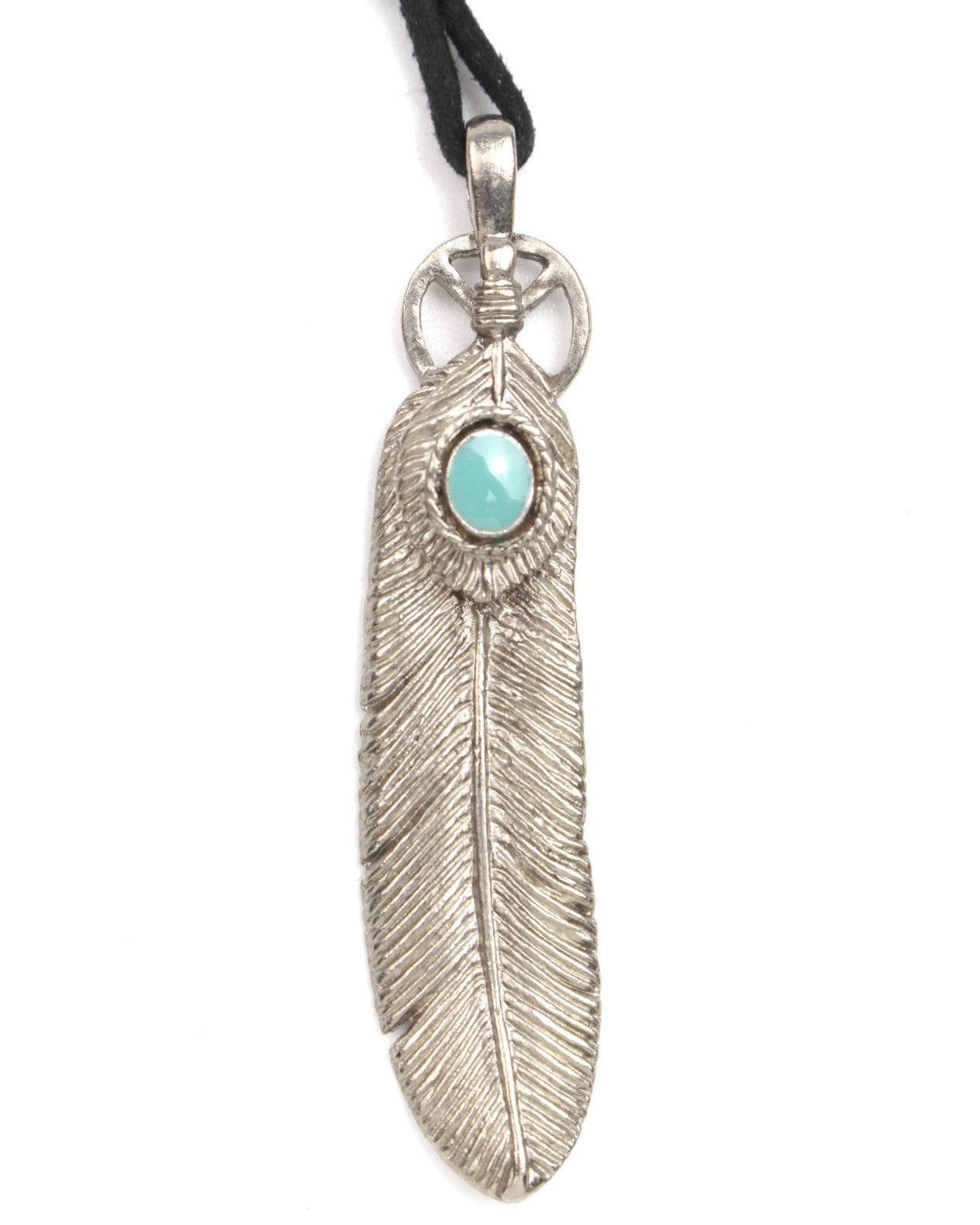 Vintage 2000S SILVER TONE FEATHER CHARM TURQUOISE CABOCHON NECKLACE Size ONE SIZE - 1 Thumbnail