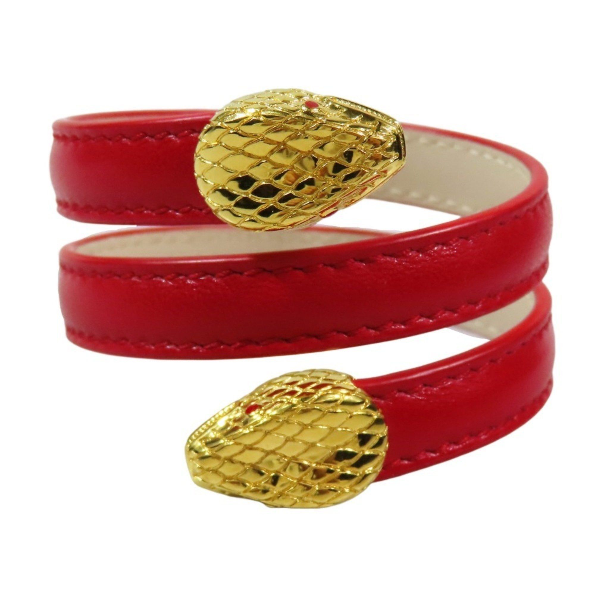 BVLGARI Serpenti Forever Leather Bracelet Bangle Snake Head Red