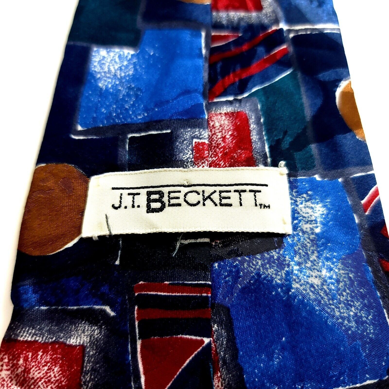Designer J.T. Beckett Blue Red Abstract Jacquard Print Wide Silk Tie Size ONE SIZE - 3 Thumbnail