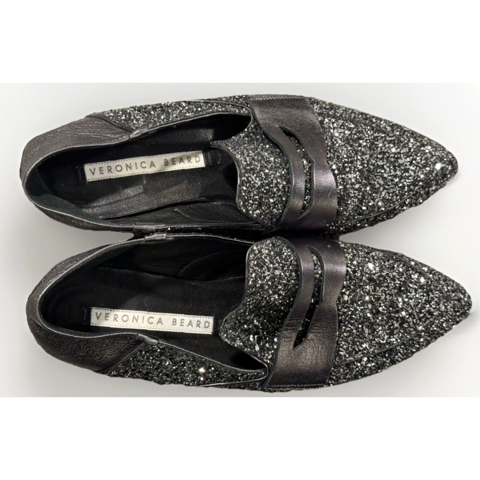 Veronica Beard VERONICA BEARD Glitter Penny Loafers Women's Flat Slip-On Leather Casual Party Work Italy Sz 7.5 Metallic Midnight Size US 7.5 / IT 37.5 - 3 Thumbnail