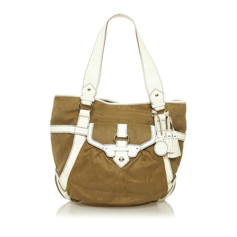 image of Celine Canvas & Leather Tote Bag Tote Bag Canvas In Good Condition in Brown, Women's
