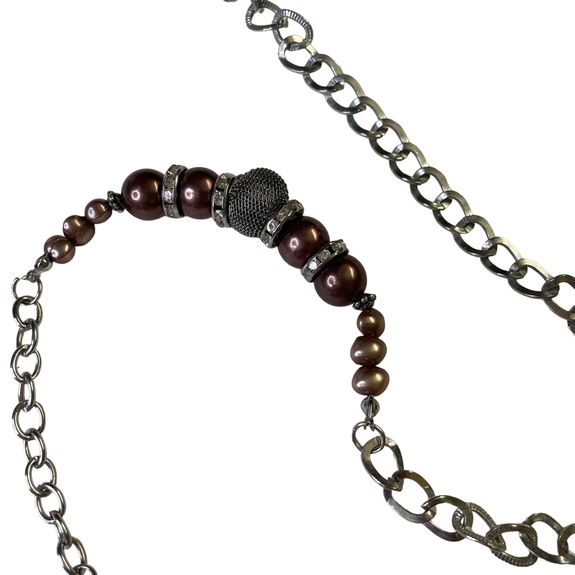 Other Long Silver Tone Chain Necklace Brown Beads Mesh Accents Fas Size ONE SIZE - 4 Thumbnail