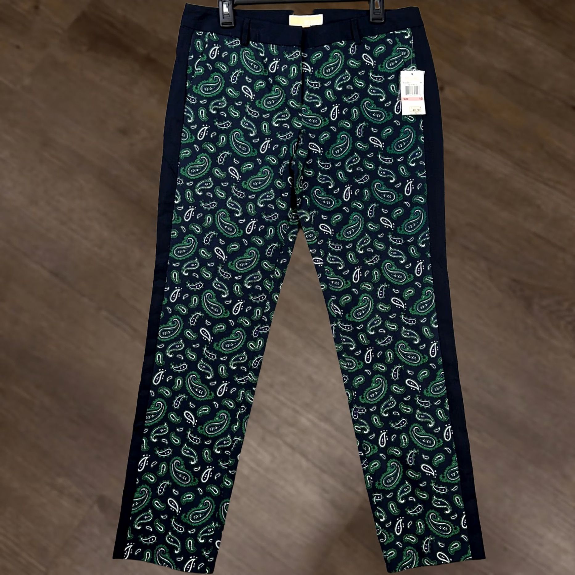 Michael Kors VINTAGE? No. Michael Kors Women Paisley Pants 10 Blue Green Pull On Stretch Flat Front NEW Size 32" / US 10 / IT 46 - 1 Thumbnail