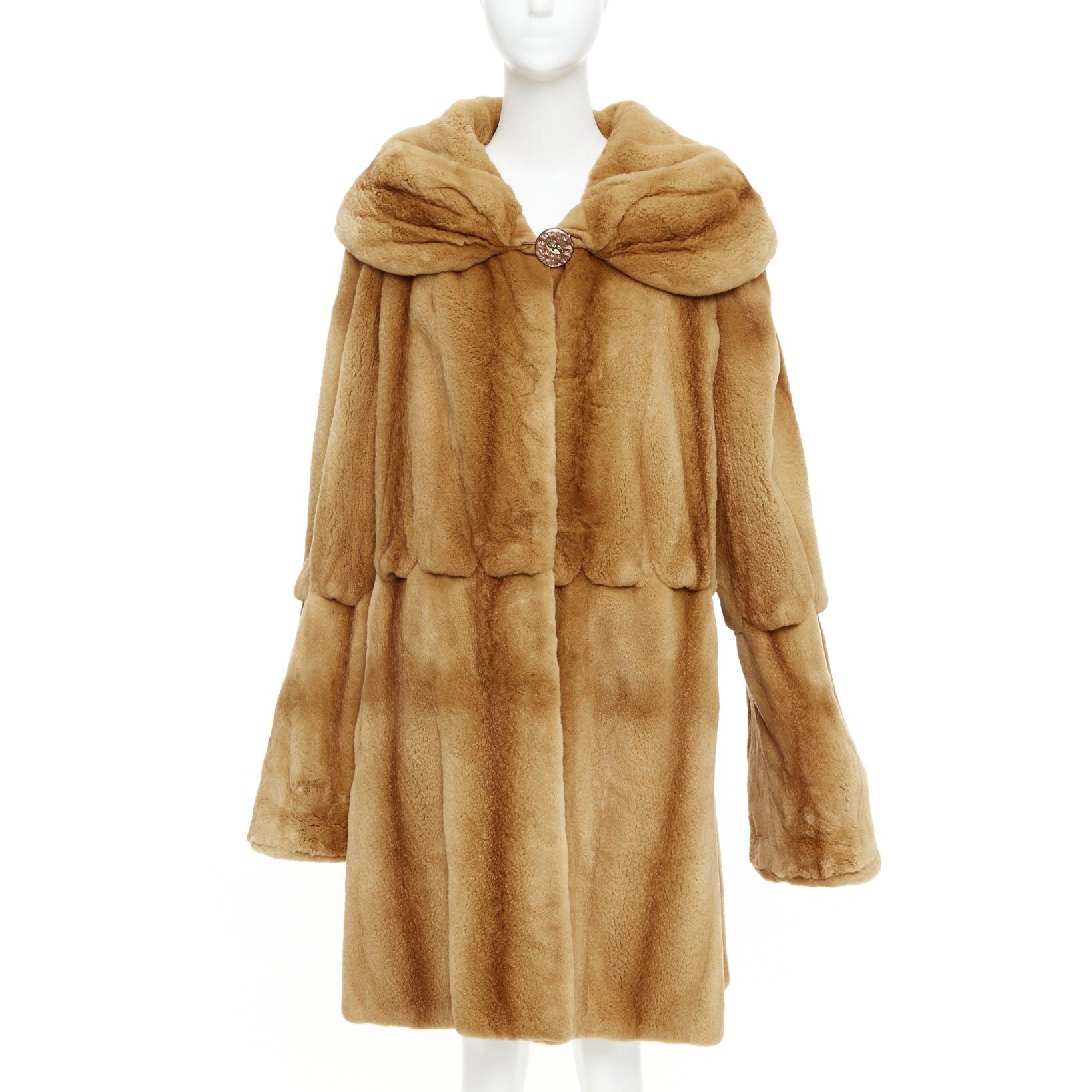 NO BRAND tan brown fur rounded shawl collar statement button long coat