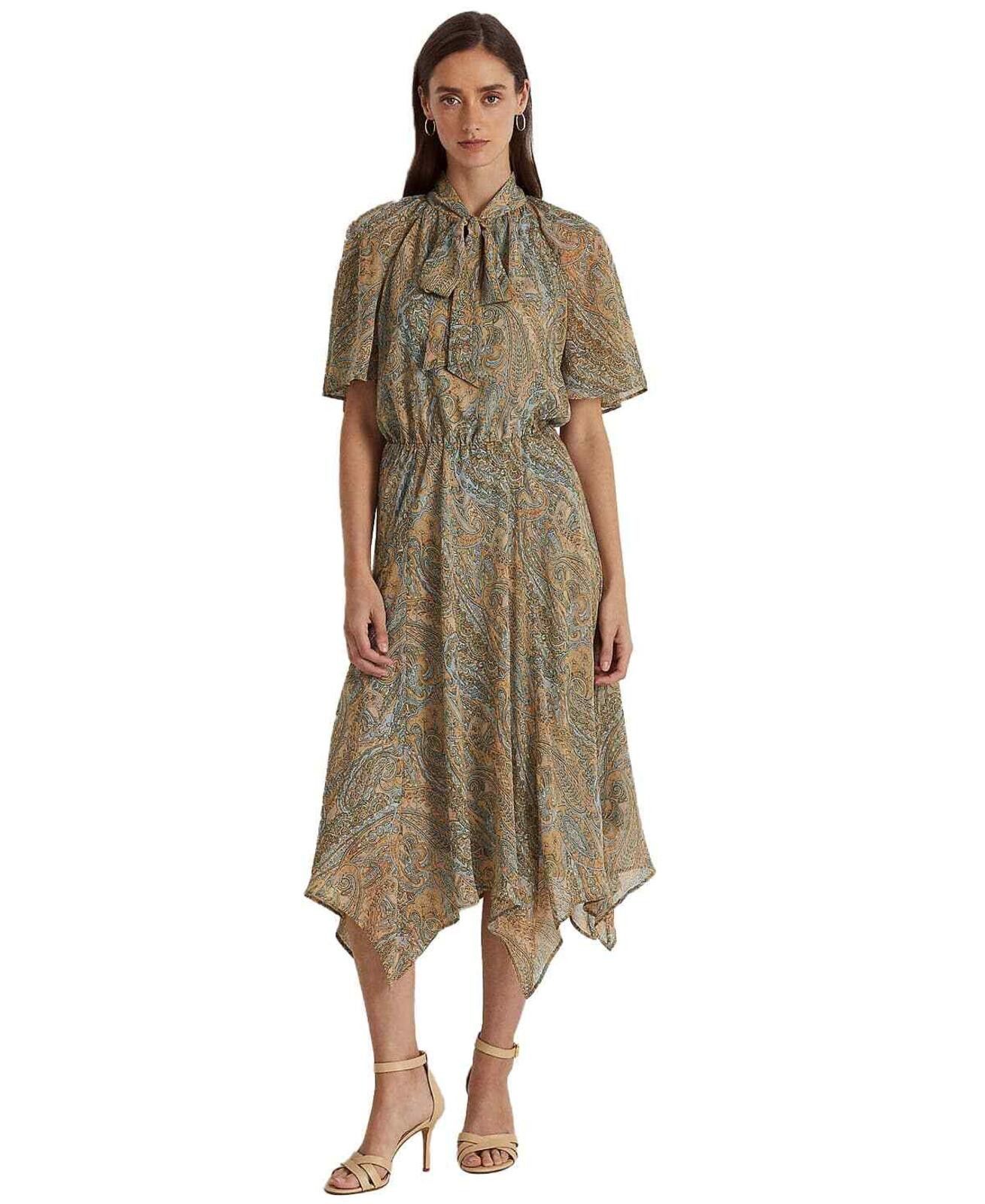 Lauren Ralph Lauren Lauren Ralph Lauren Paisley Crinkle Georgette Tie-Neck Dress Size M / US 6-8 / IT 42-44 - 1 Thumbnail