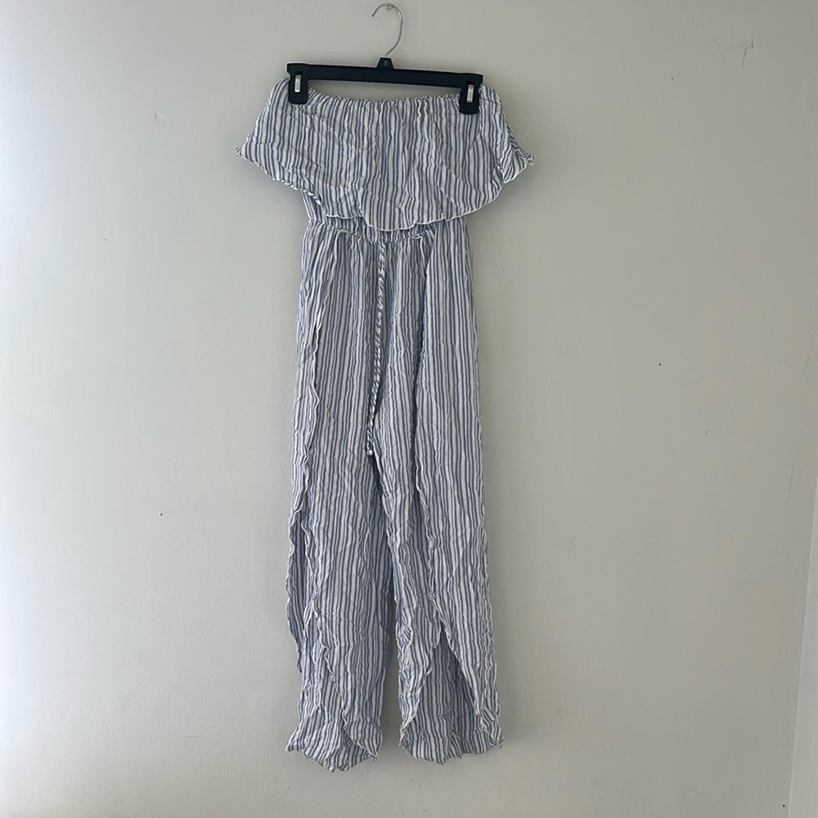 Designer Blue WideLeg Waist Cut Jumpsuit w Ruffled OffShoulder Design Size 32" / US 10 / IT 46 - 1 Thumbnail