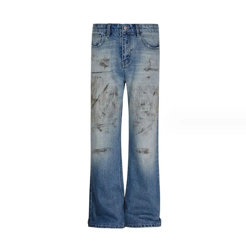 Designer × Japanese Brand Street mud-dyed washed distressed straight-leg jeans Size US 32 / EU 48 - 3 Thumbnail