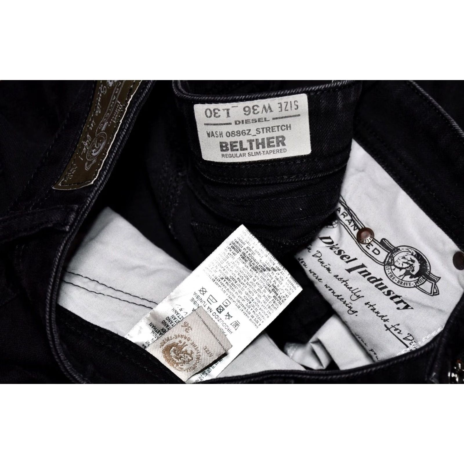 Diesel DIESEL Belther 0886Z Stretch Regular Slim-Tapered Jeans W36/L30 Mens Slim 98%Cotton 2%Elastane Black Denim 5-Pocket Inseam 30" Regular Size 36 Size US 36 / EU 52 - 6 Thumbnail